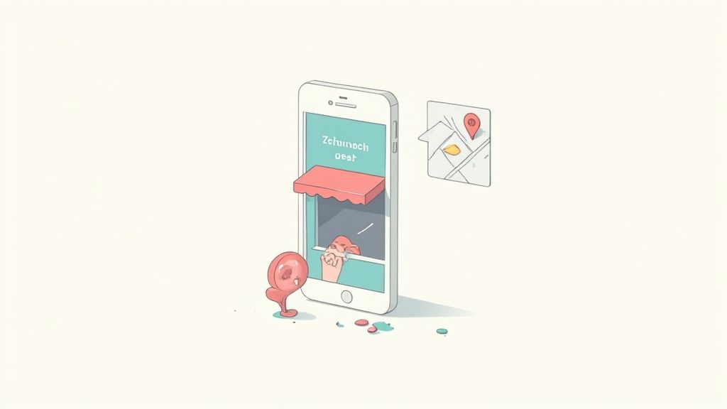 A whimsical smartphone acting as a storefront, with an awning, a hand, a blob character, and coins.