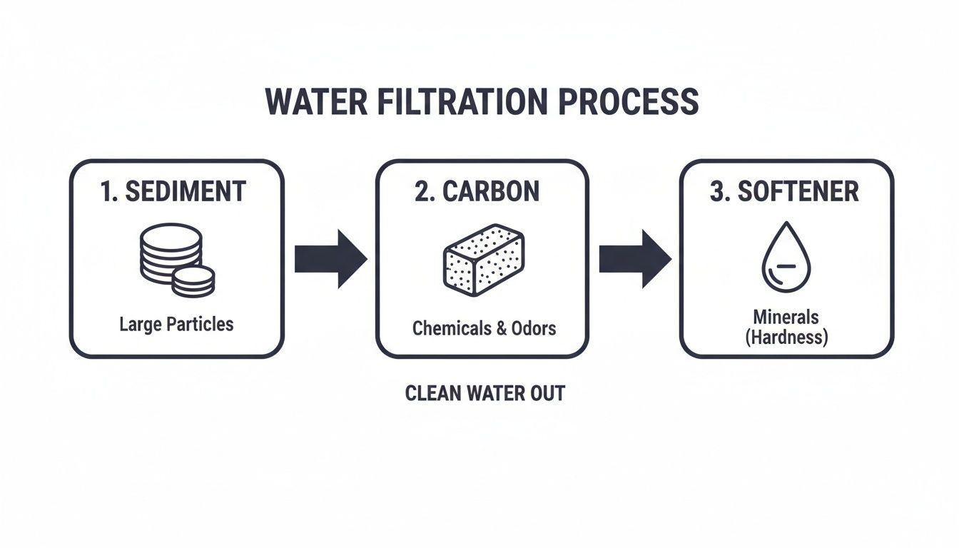 A diagram illustrates a three-step water filtration process: sediment, carbon, and softener.