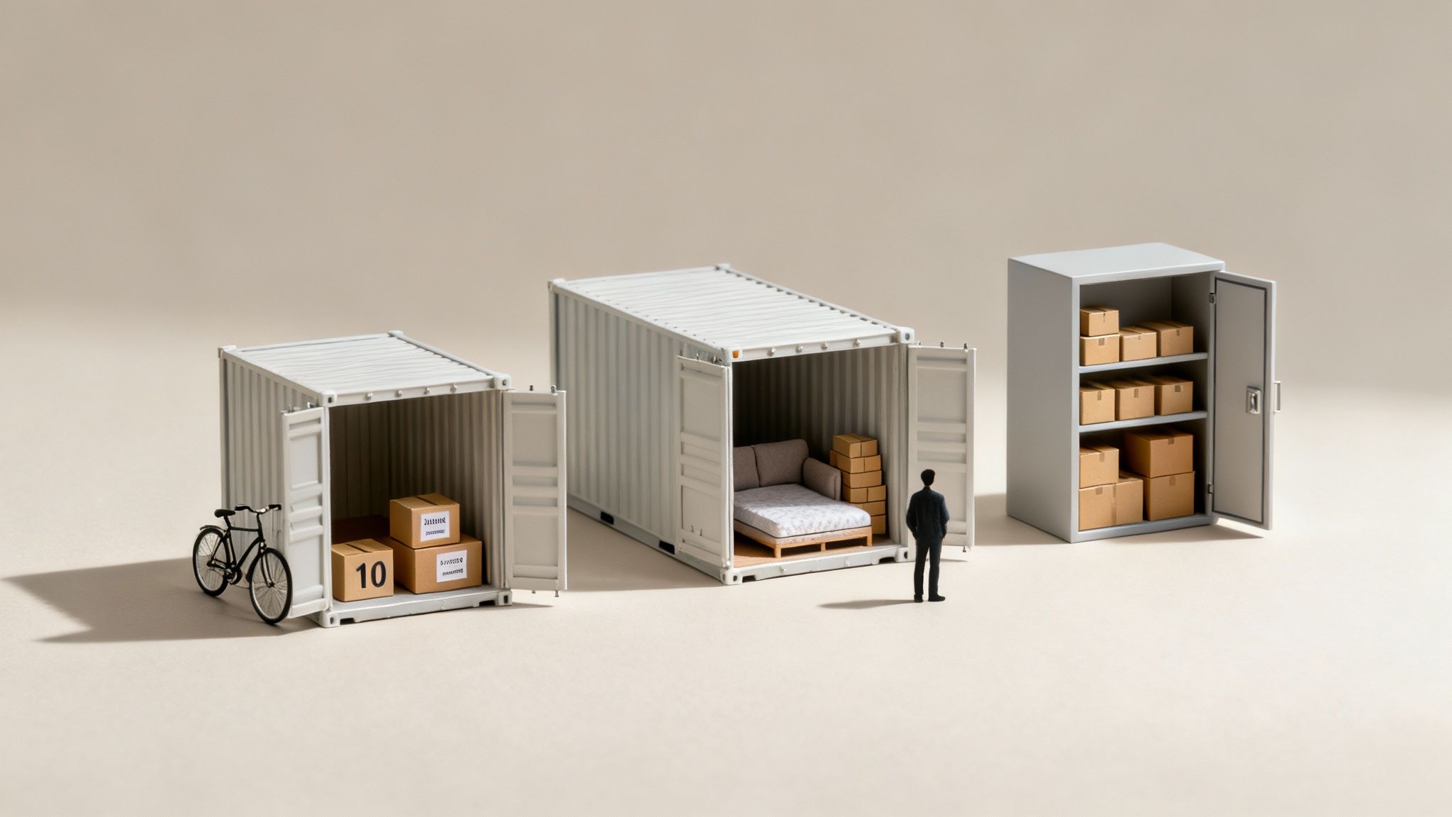 Three miniature storage solutions: two shipping containers with items and a locker with boxes.