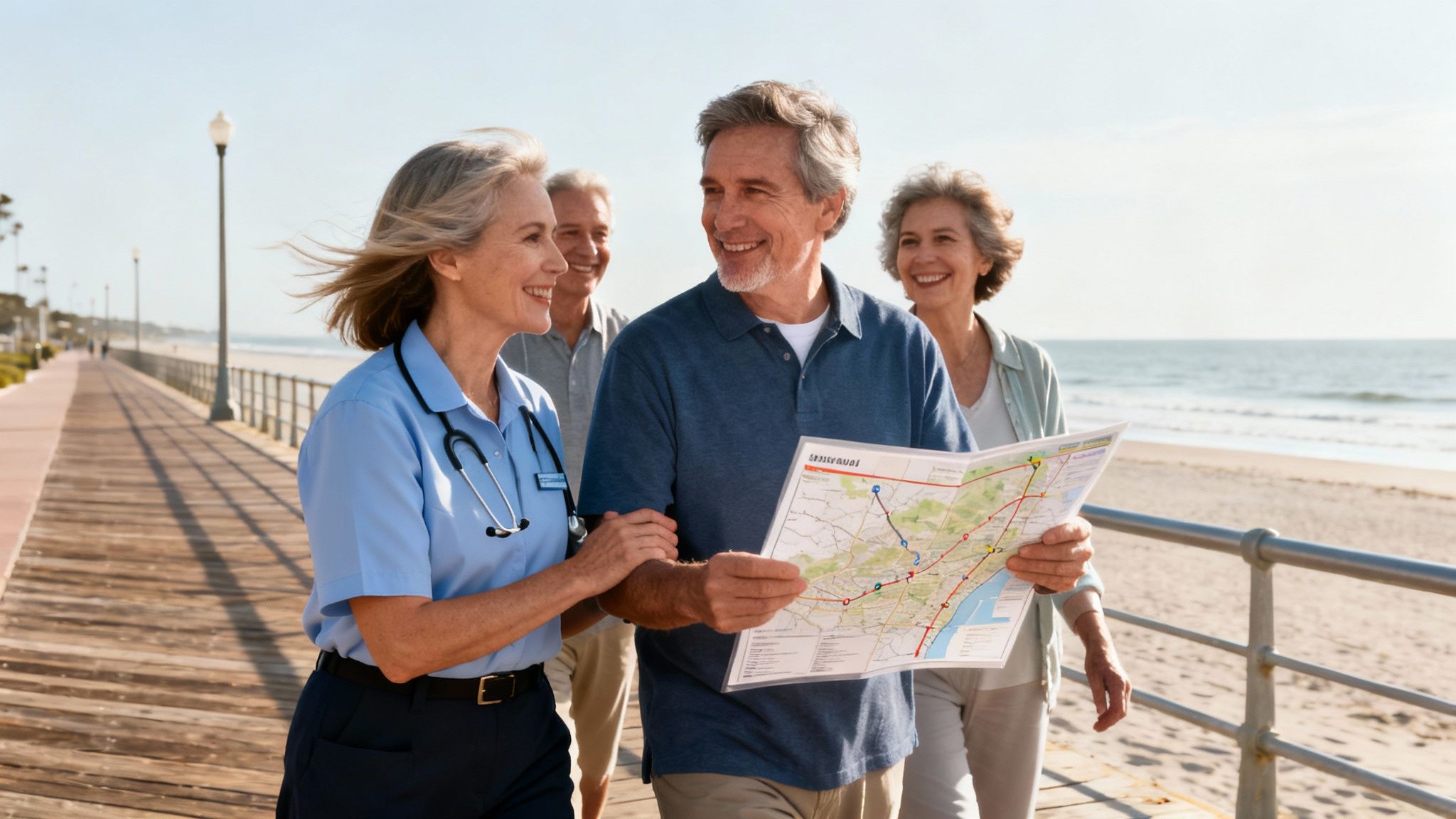 Happy senior adults walking on a beach boardwalk, looking at a map and smiling.