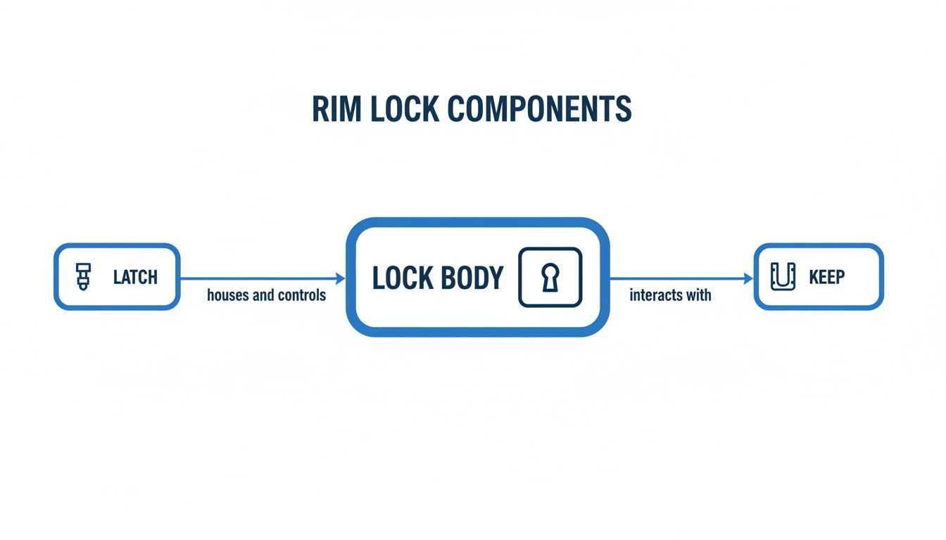 A flowchart illustrates rim lock components: Latch, Lock Body, and Keep, showing their functional relationships.