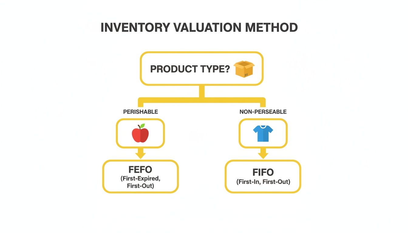 Flowchart outlining inventory valuation methods, differentiating between perishable (FEFO) and non-perishable (FIFO) products.