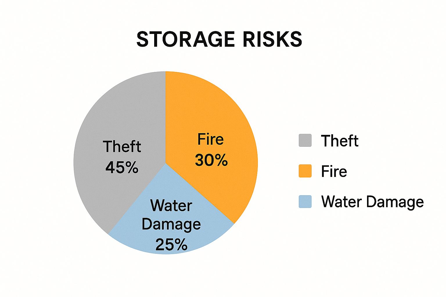 Infographic showing common storage risks: Theft (45%), Fire (30%), and Water Damage (25%).