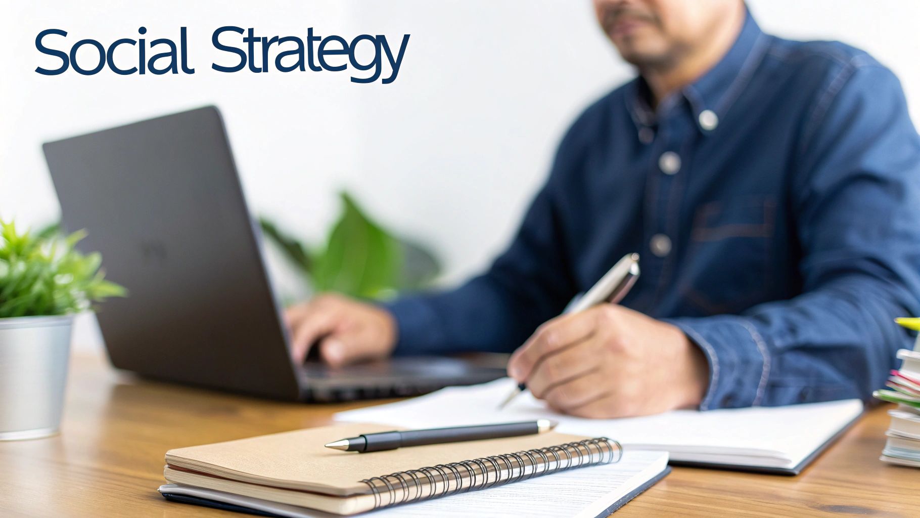 A person working on a laptop and writing notes, with 'Social Strategy' text displayed above.