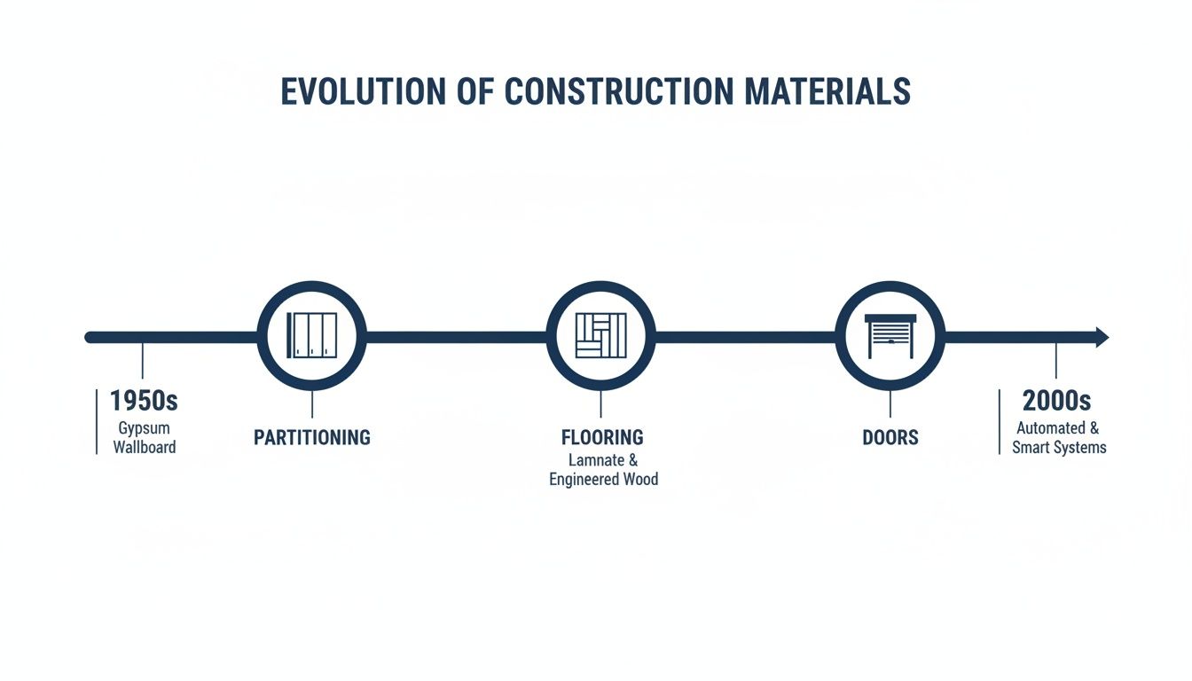 Timeline illustrating the evolution of construction materials from 1950s gypsum to 2000s smart systems.