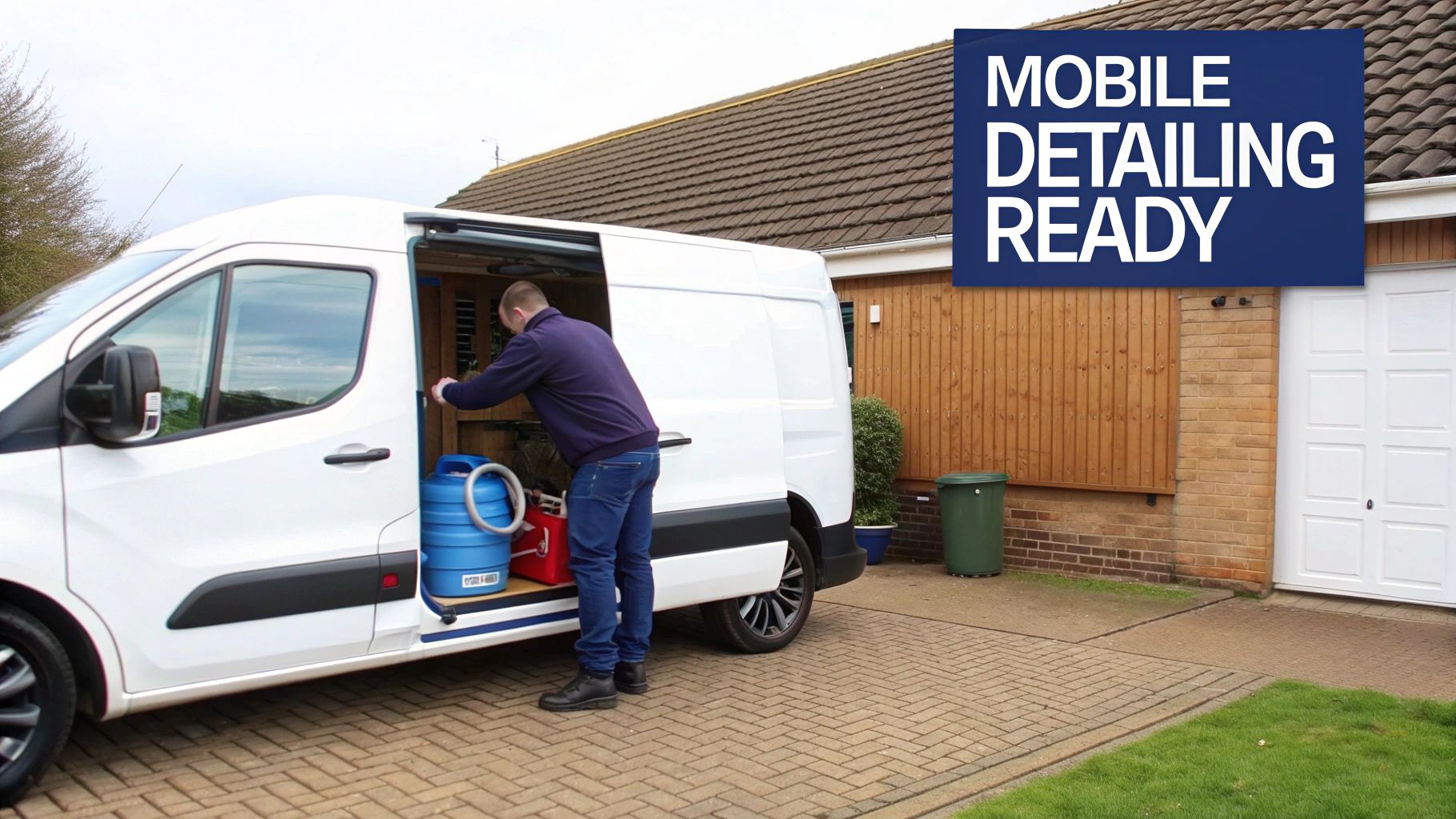 Man loading a blue water tank and equipment into a white van for mobile car detailing.