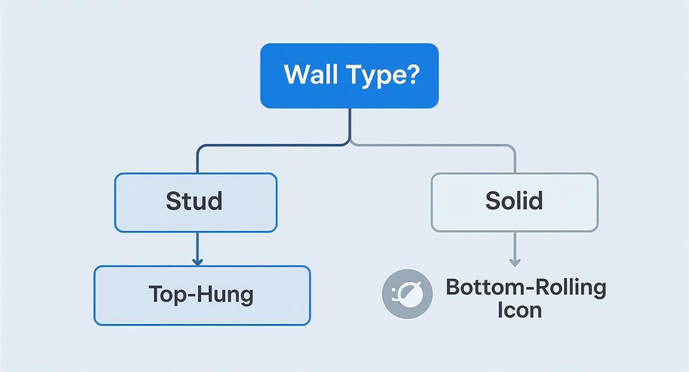 Flowchart diagram showing wall type classification between stud and solid construction with installation methods