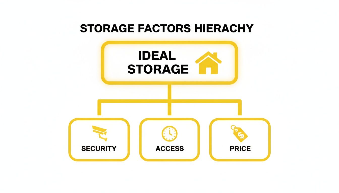 A hierarchy chart showing ideal storage factors: security, access, and price.