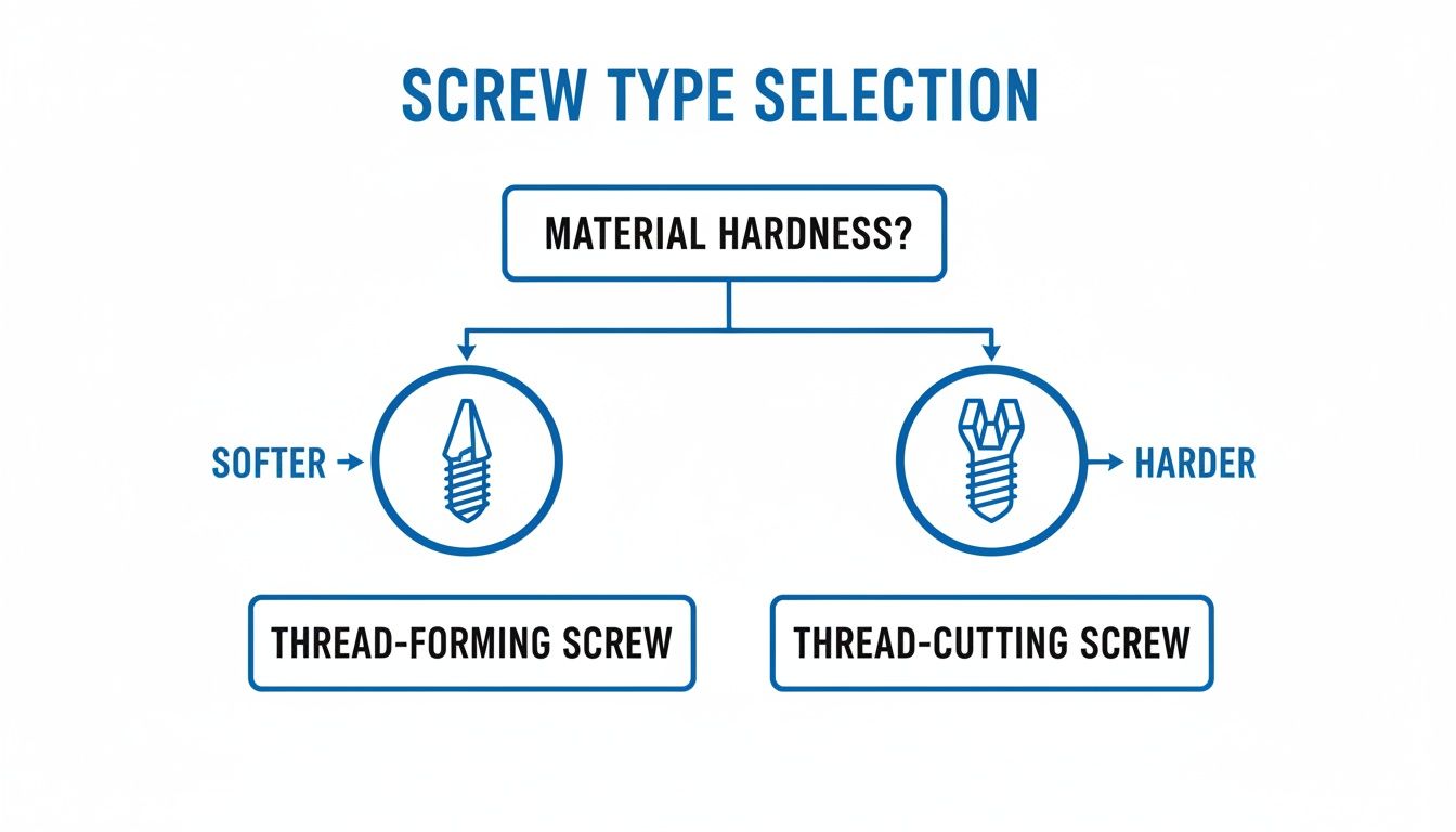 Flowchart for screw type selection based on material hardness: softer for thread-forming, harder for thread-cutting.