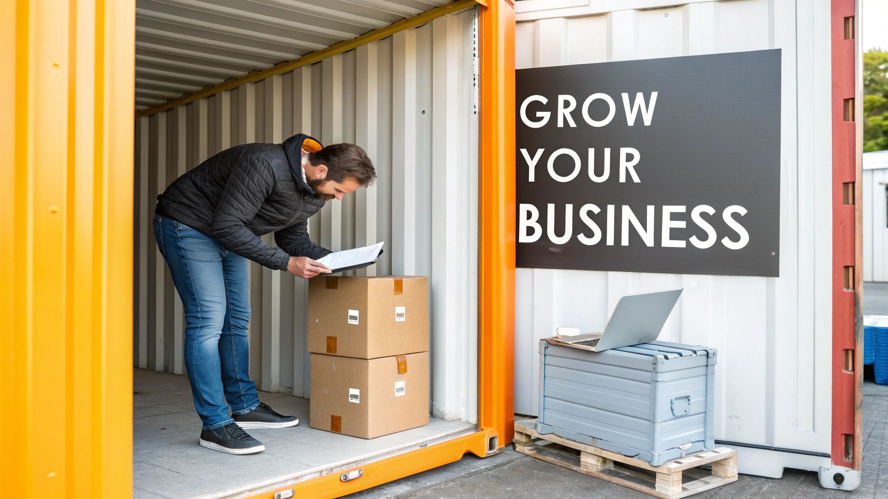 A person organising boxes inside a storage container