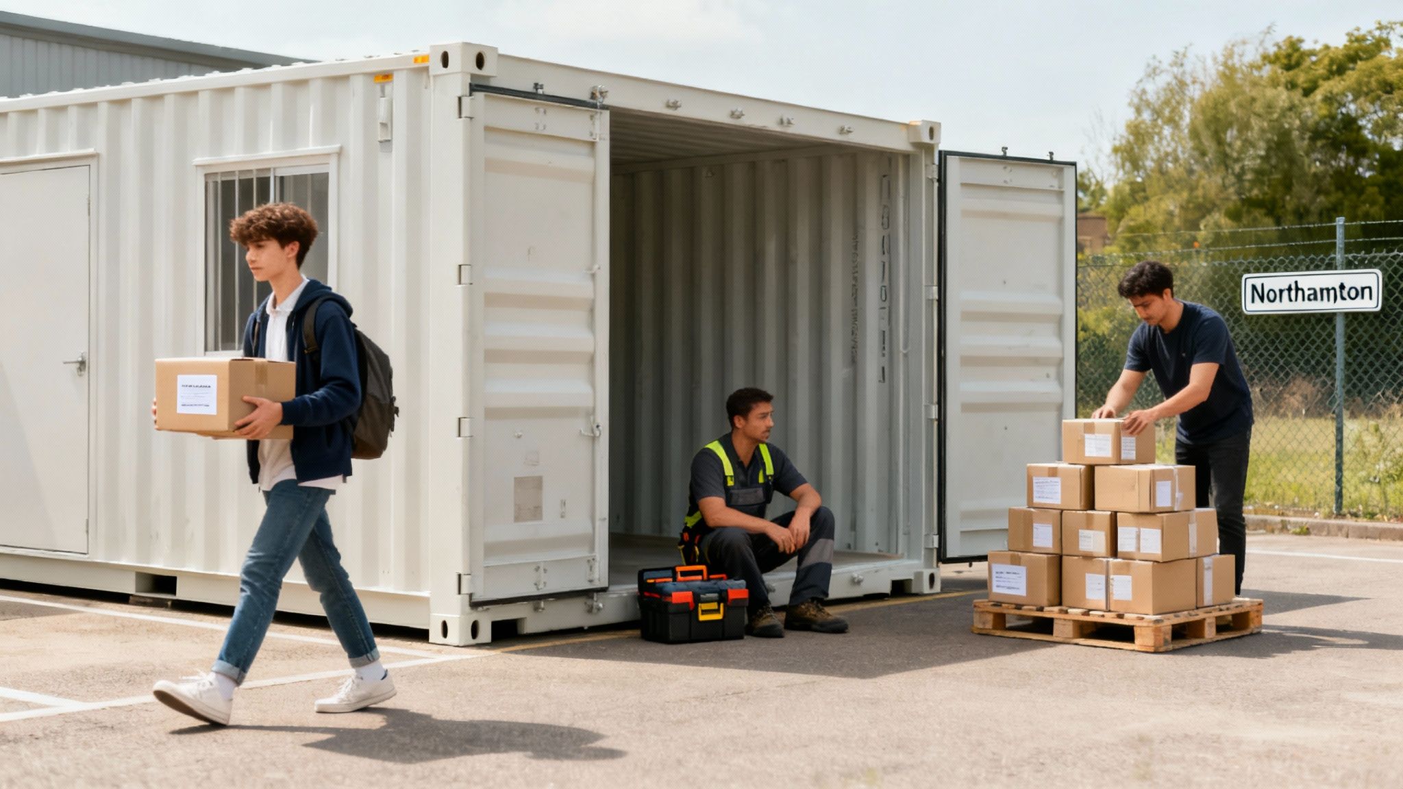 Container Storage Northampton: A Practical Guide 2 Young men handling moving boxes near a white storage container in Northampton.