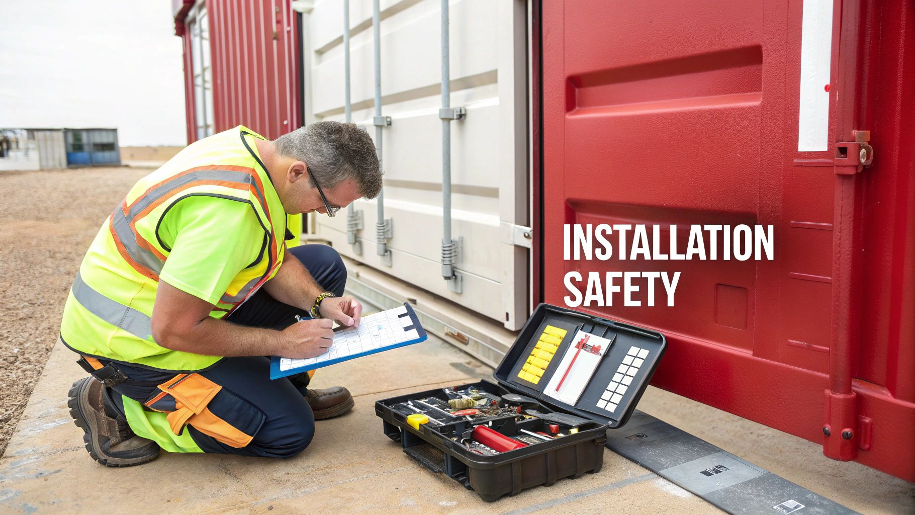 A man in a high-visibility vest inspects a shipping container, writing on a clipboard with an open toolbox nearby, for installation safety.