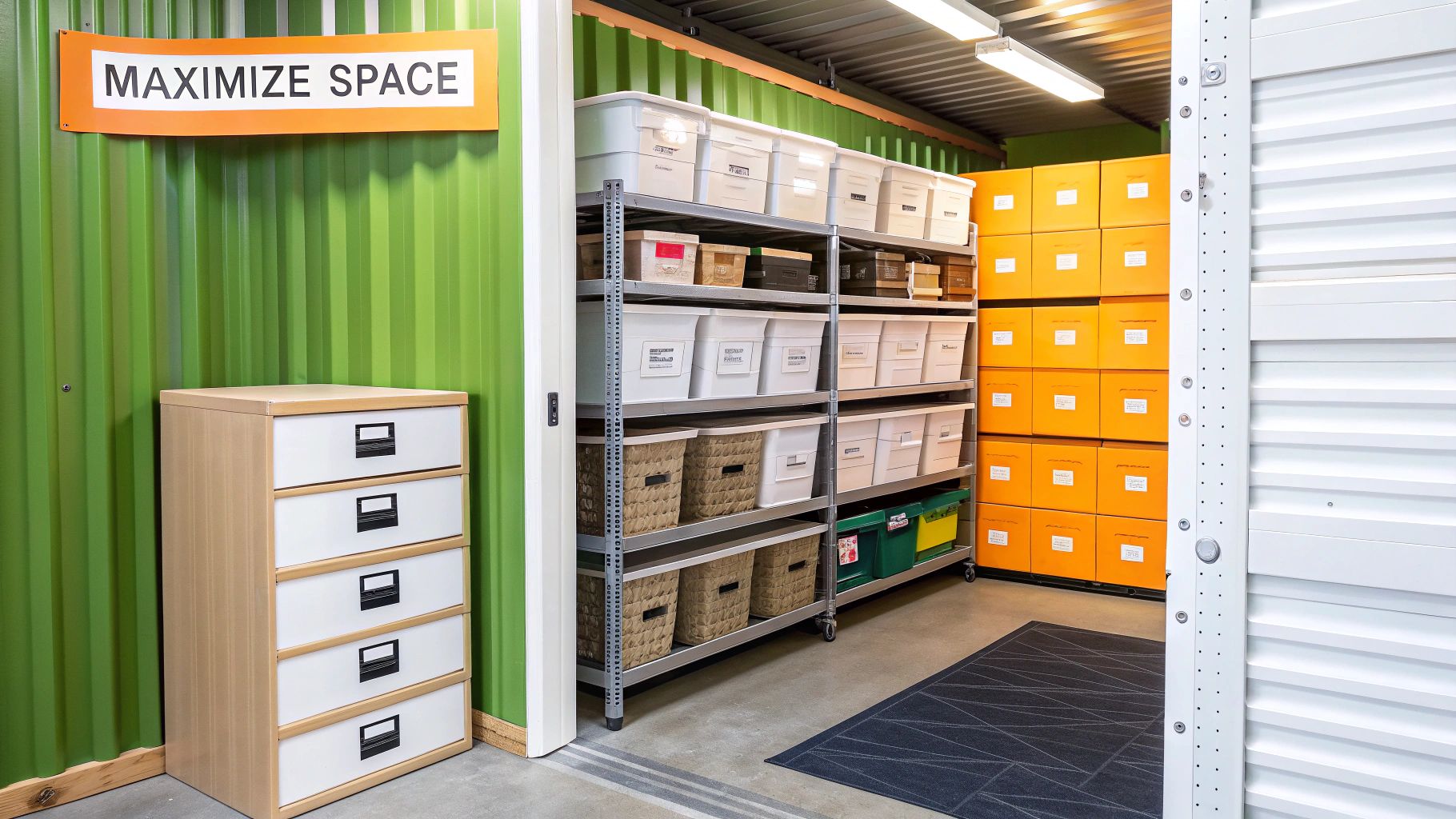 Large, spacious self storage unit with high ceilings and a wide roll-up door.