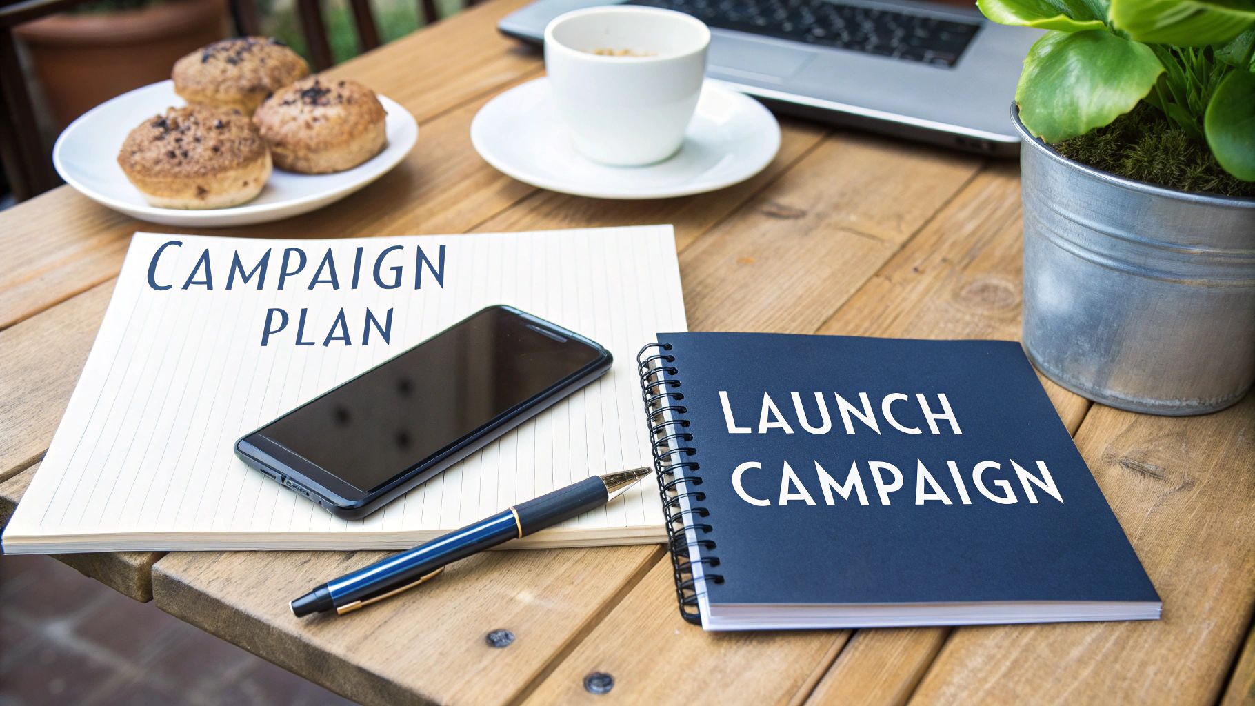 Two notebooks, 'CAMPAIGN PLAN' and 'LAUNCH CAMPAIGN', on a wooden desk with a phone, pen, coffee, and muffins.