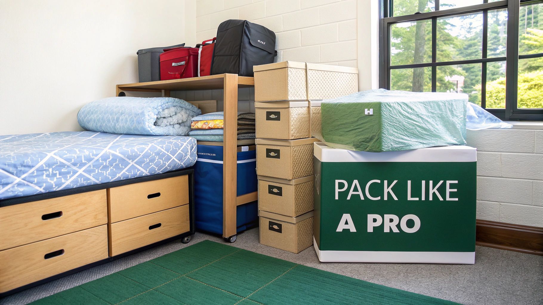 A student carefully packing books into a sturdy cardboard box for storage.