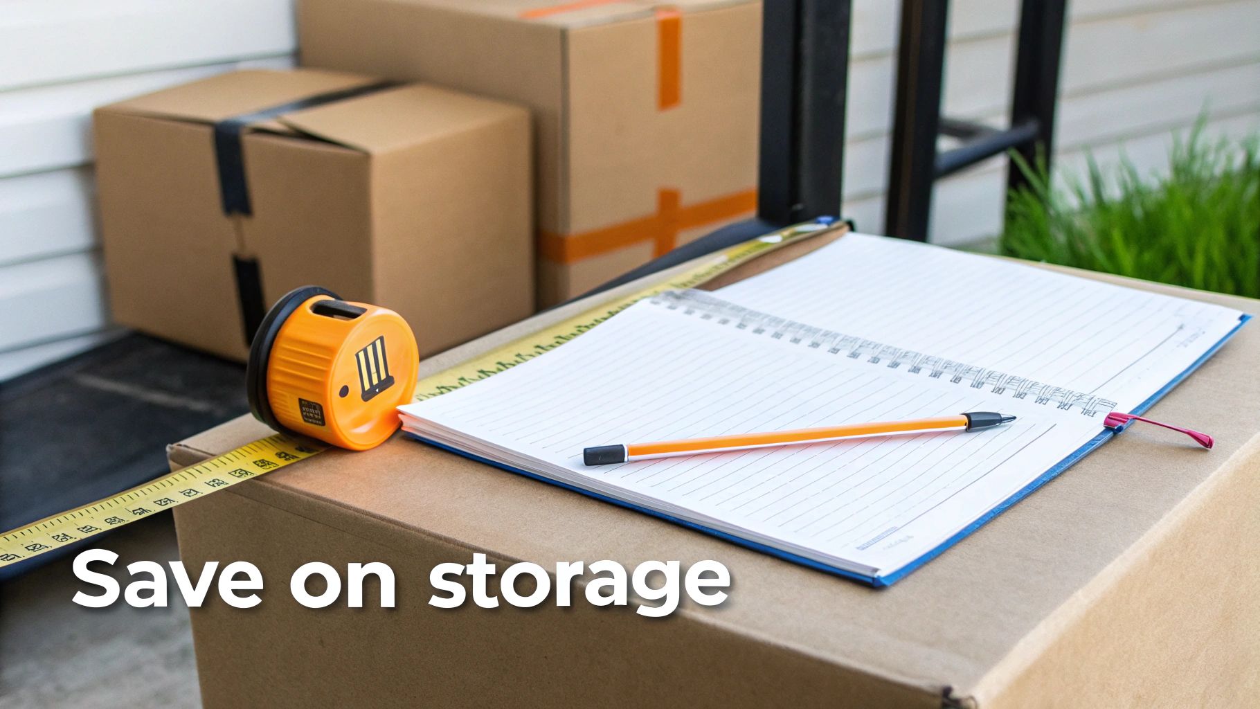 Measuring tools, a notebook, and stacked moving boxes for efficient storage planning.