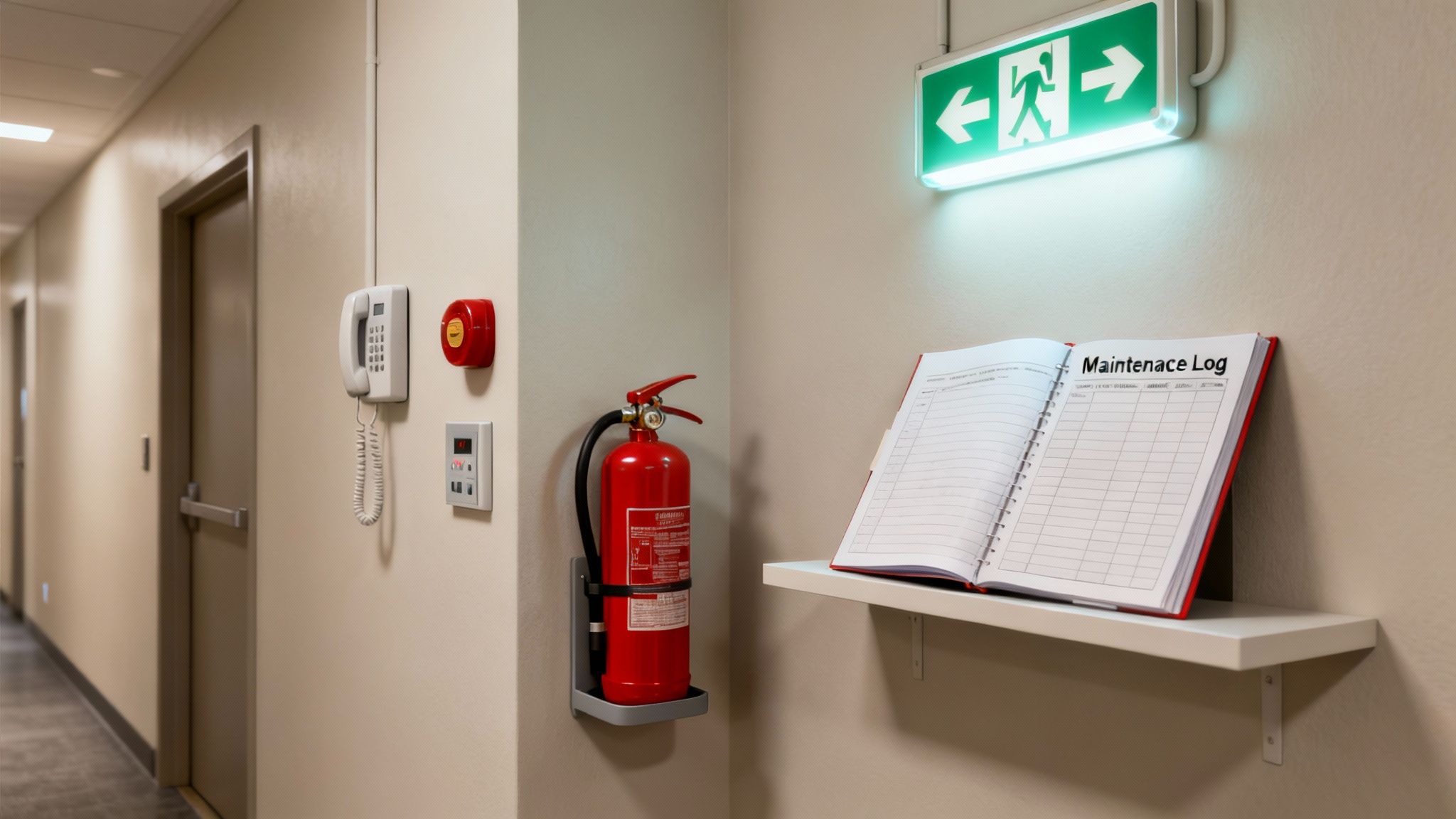Fire safety equipment in a building hallway, featuring an exit sign, extinguisher, and maintenance log.