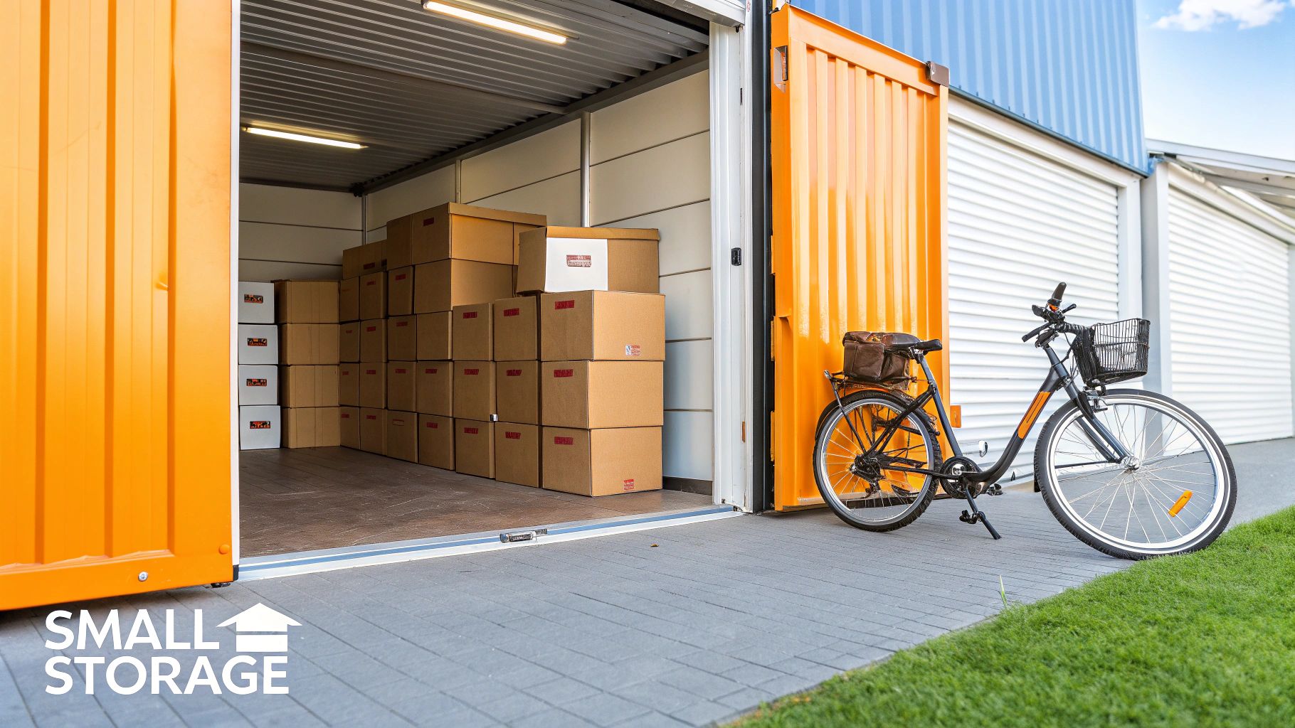 Person organising boxes inside a small, well-lit storage unit.