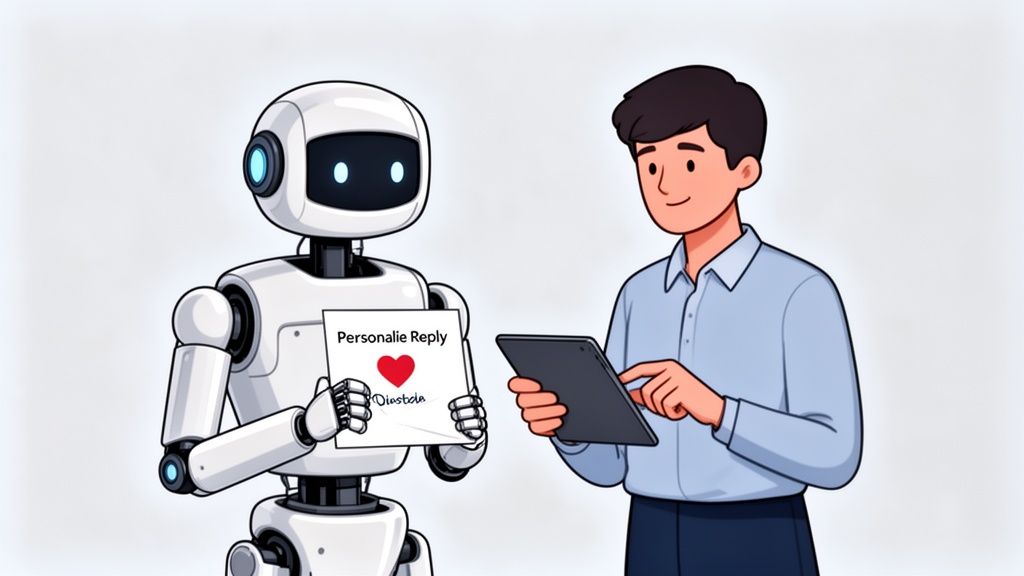 A robot offers a personalized reply to a man using a tablet, symbolizing AI-human interaction.