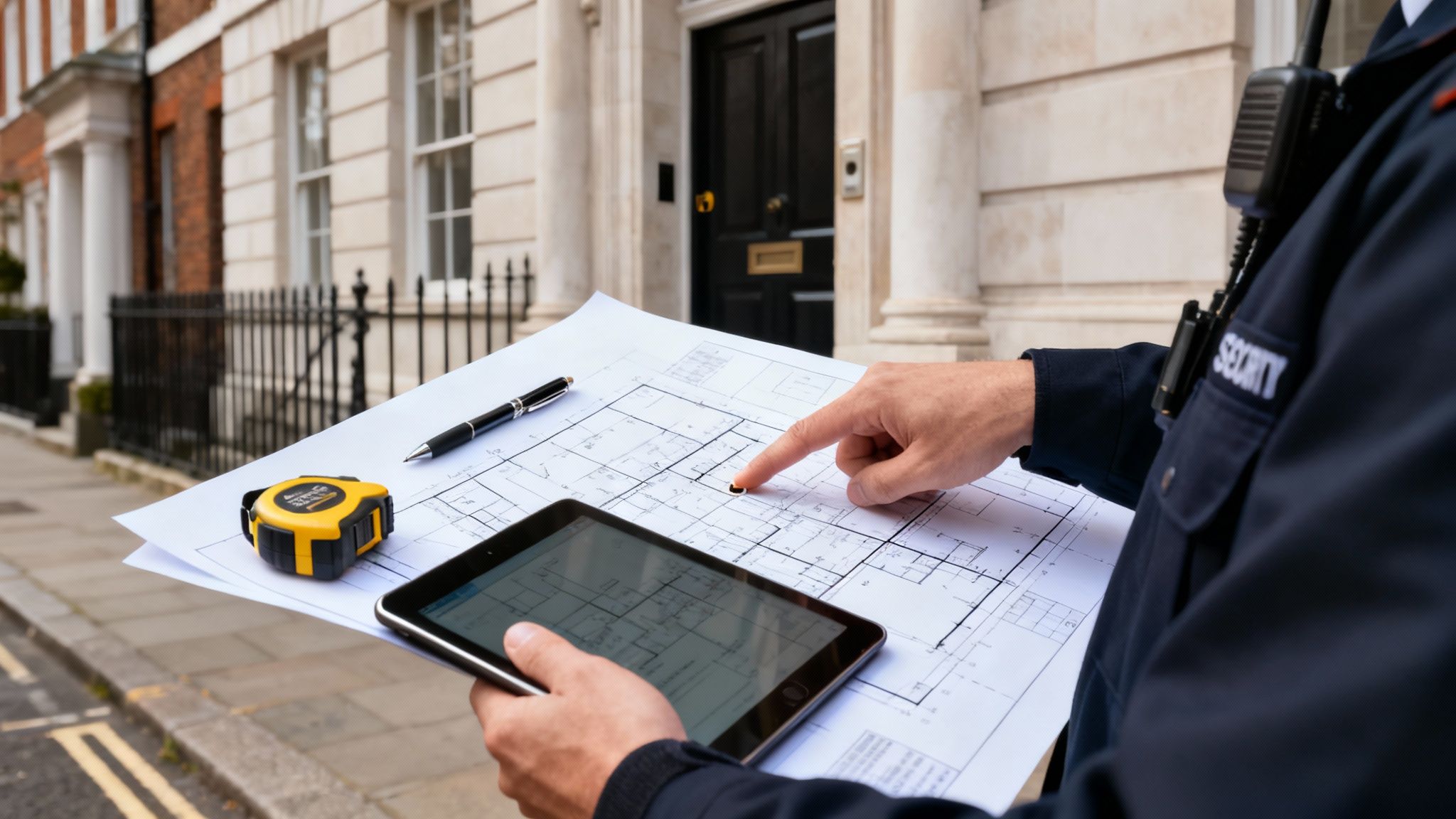 A security guard reviews building blueprints, a digital tablet, and holds a tape measure outdoors.