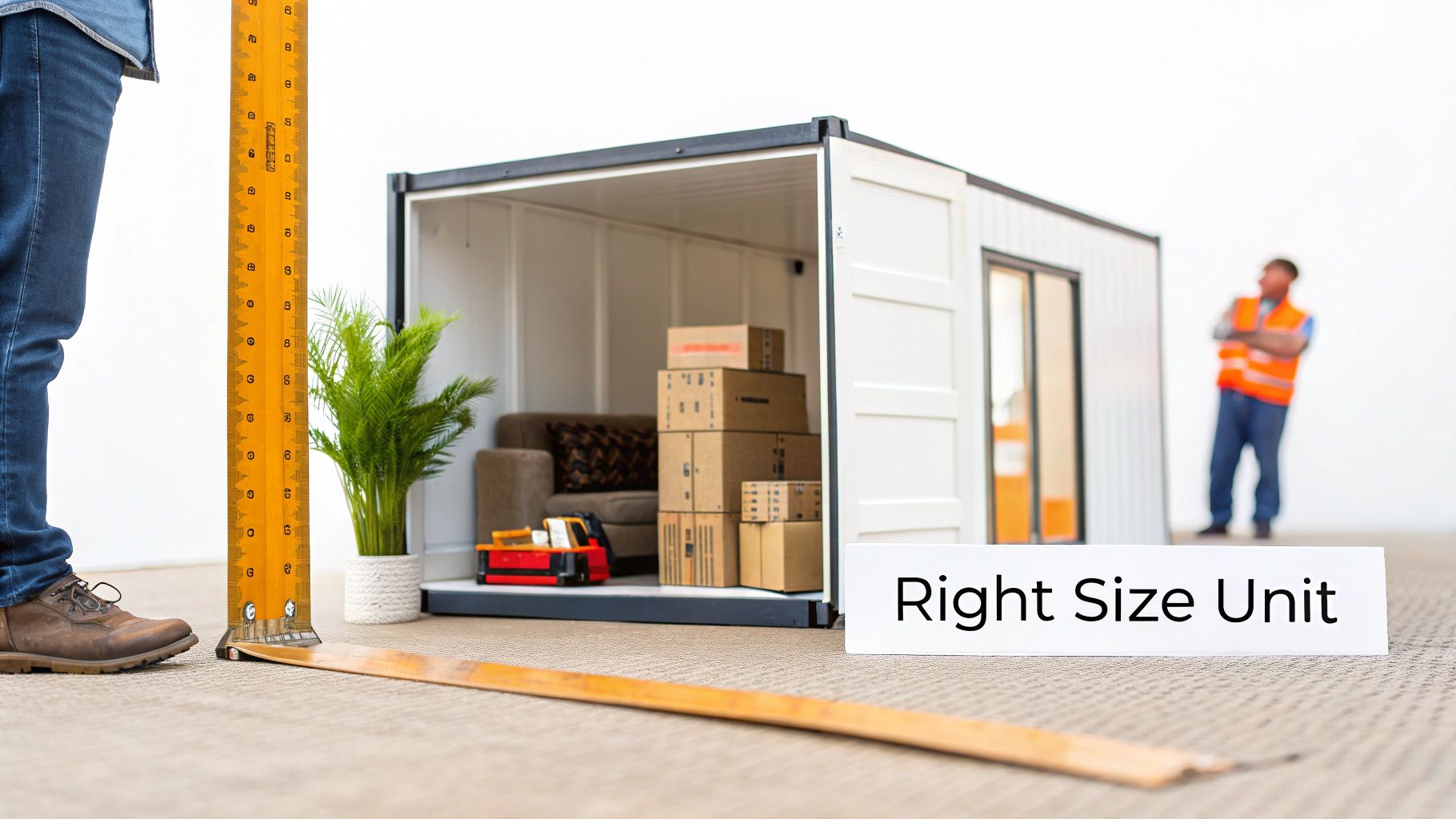 Person measuring next to a miniature storage unit filled with boxes, showcasing the right size.