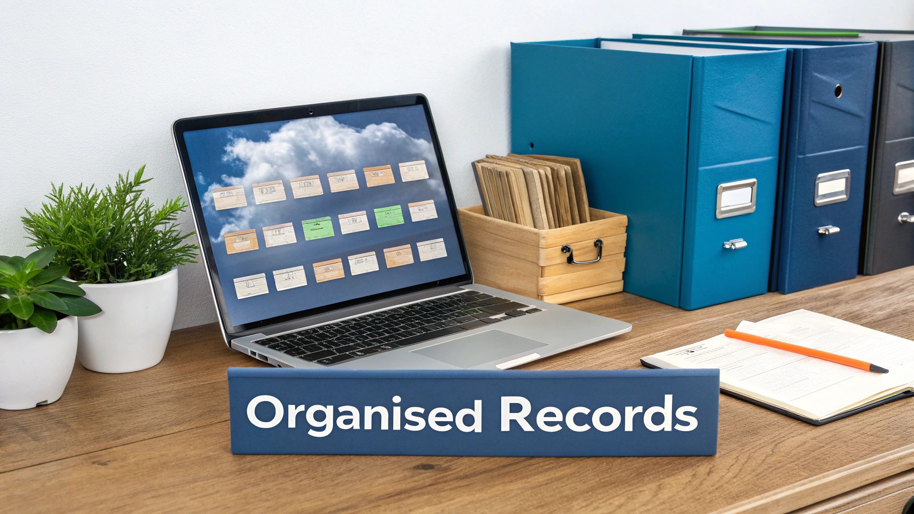A laptop on a wooden desk with a sign reading 'Organised Records', alongside binders and plants.