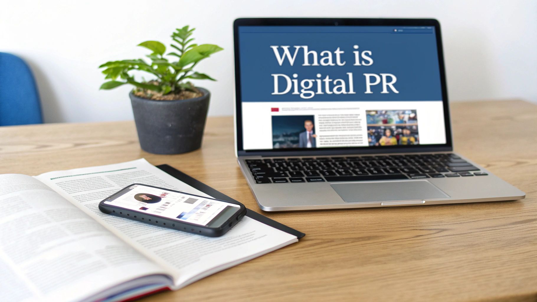 A laptop displaying "What is Digital PR" on screen, a smartphone on an open book, and a plant on a wooden desk.
