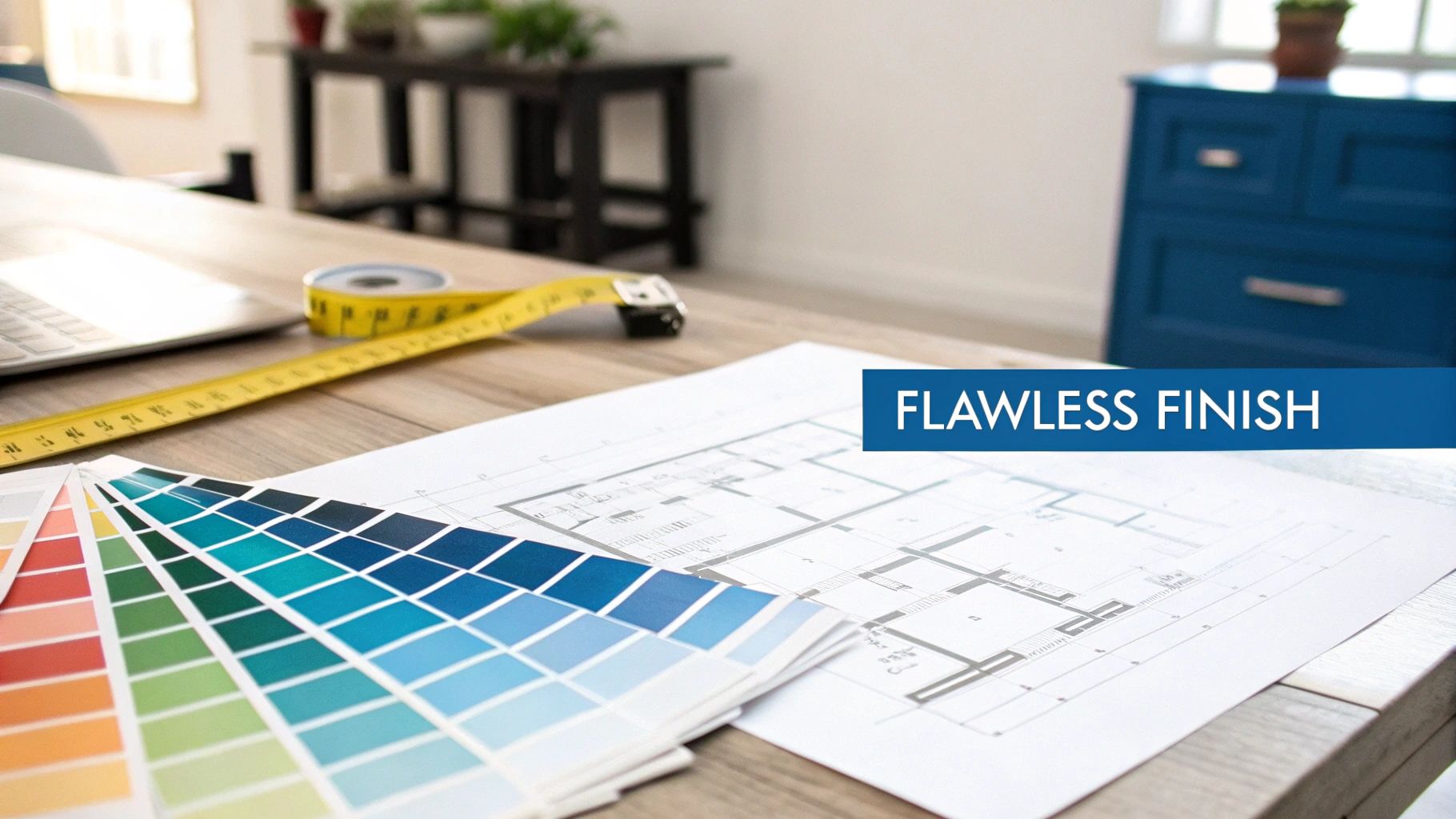 Interior design workspace with color swatches, measuring tape, blueprints, and flawless finish text
