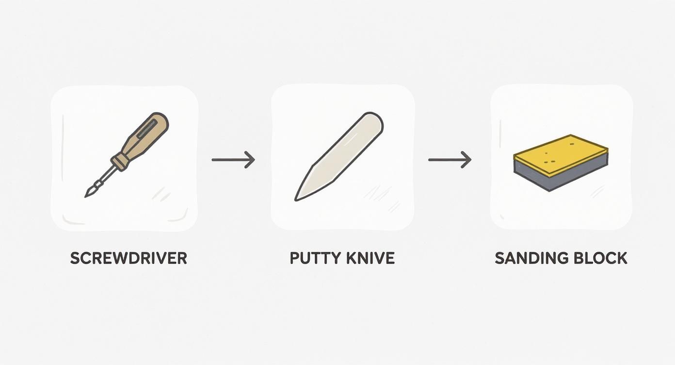 A sequence of three hand tools: a screwdriver, a putty knife, and a sanding block, connected by arrows.