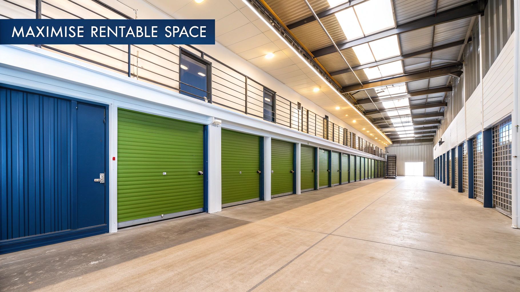 A long, bright hallway inside a modern self-storage facility with rows of green and blue units.