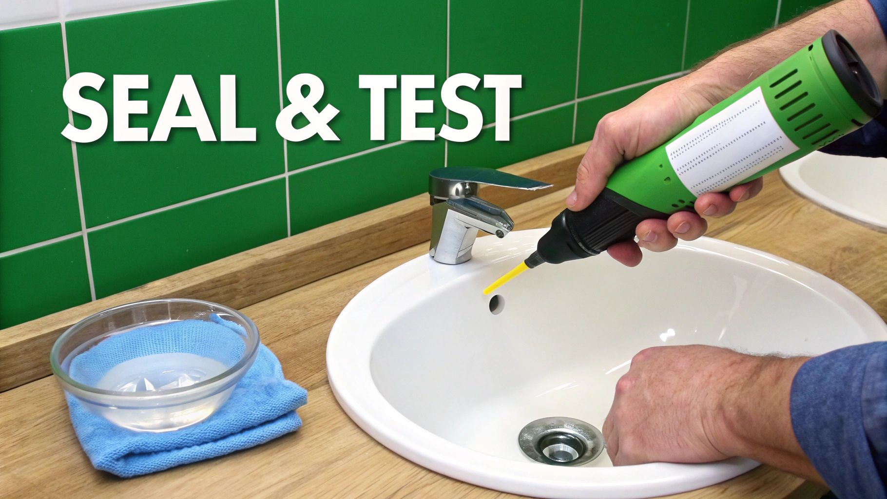 A person using a green tool to seal or test a bathroom sink's overflow hole.