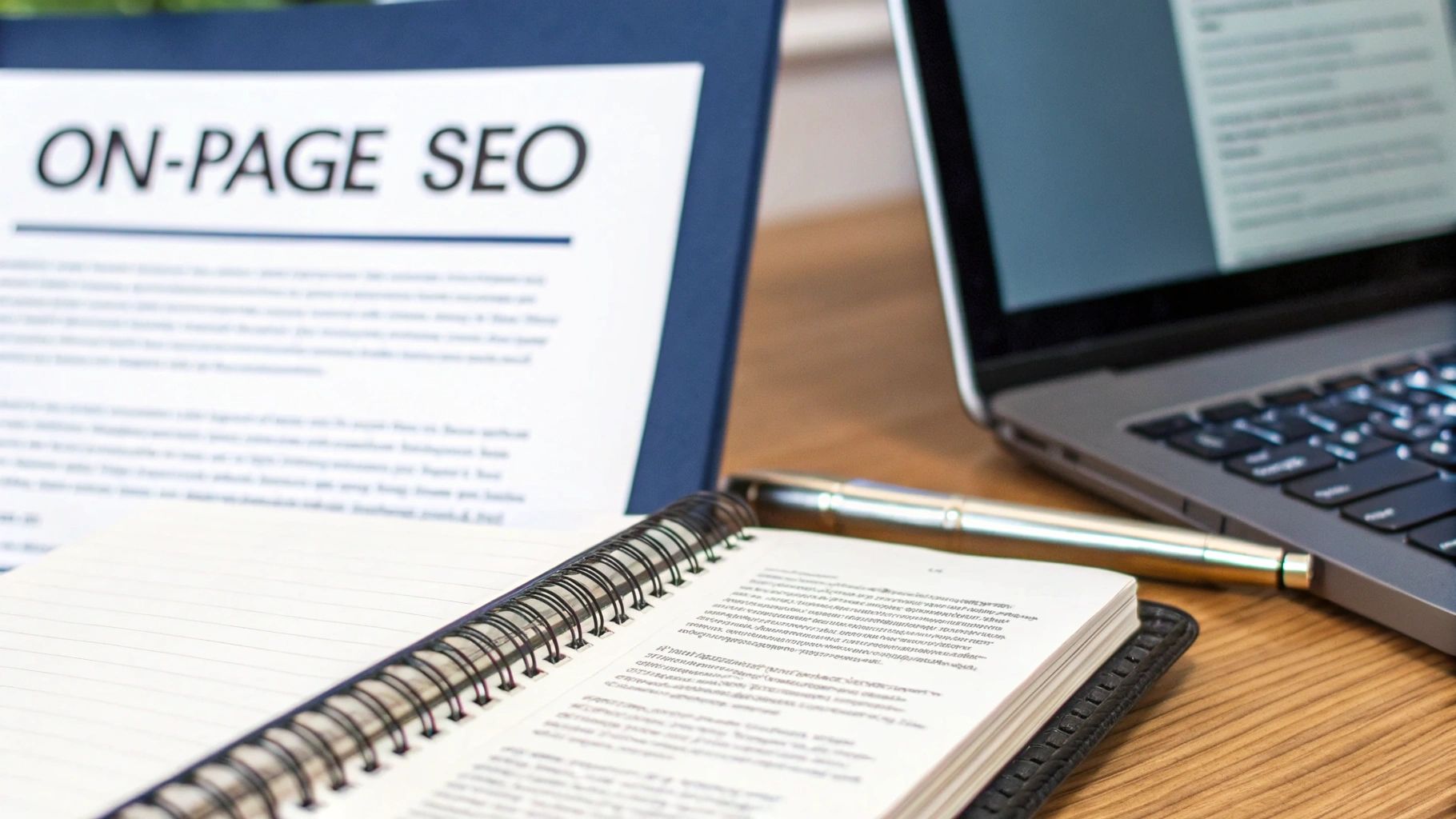 A document titled 'ON-PAGE SEO' next to an open notebook, pen, and laptop, representing SEO strategy planning.