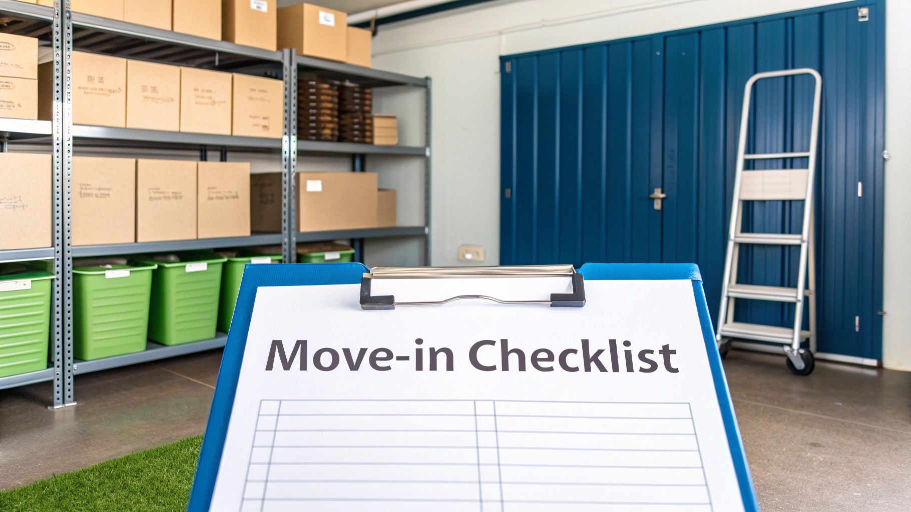 A 'Move-in Checklist' clipboard sits in front of shelves packed with boxes and green bins in a storage unit.
