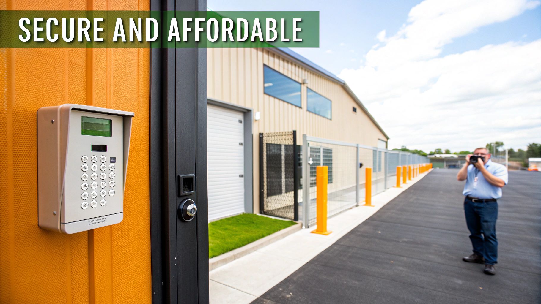 Secure self storage facility entrance with keypad access control system and modern storage units