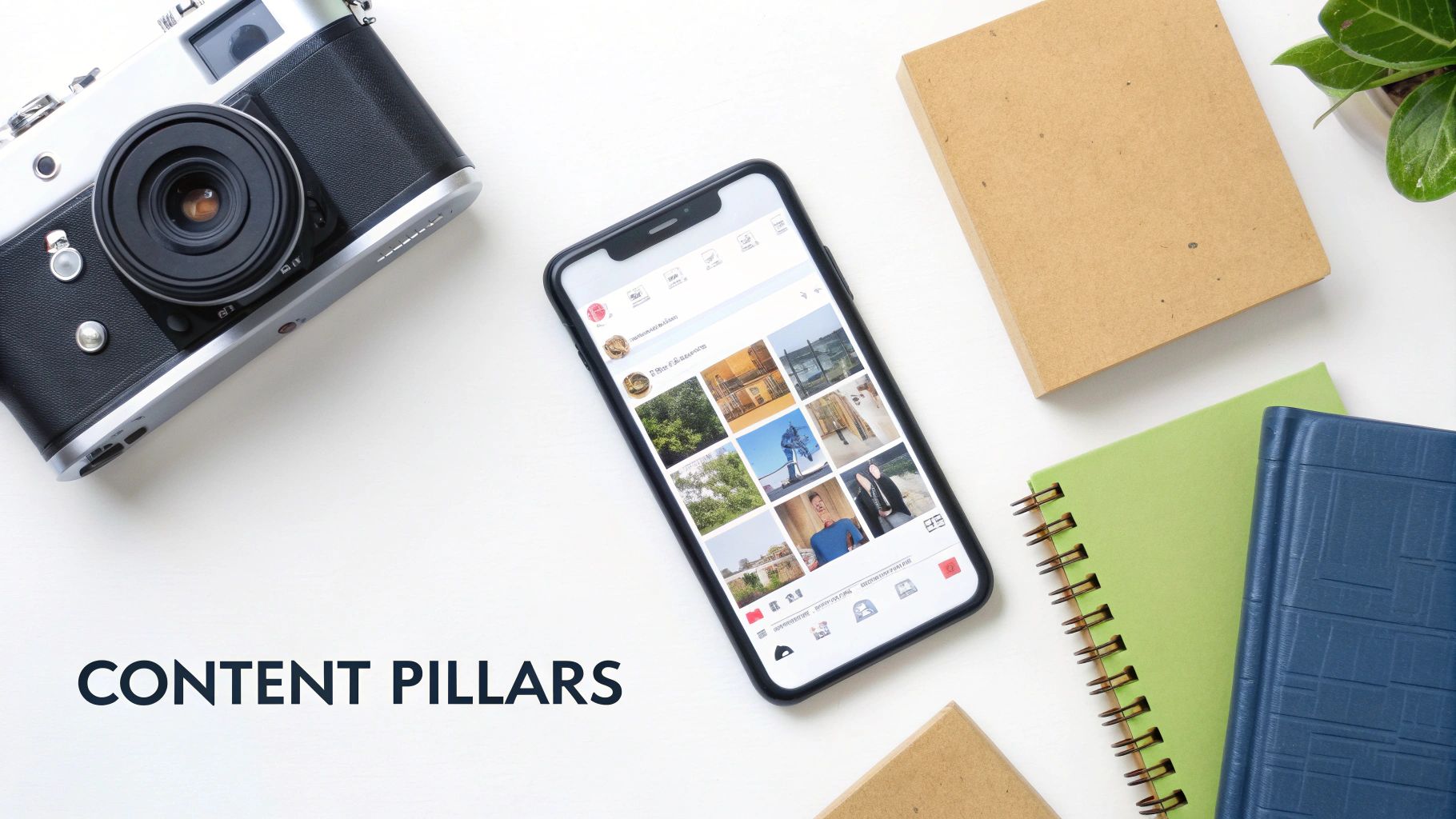 Overhead view of a creative workspace with a camera, smartphone displaying a photo grid, notebooks, and 'CONTENT PILLARS' text.