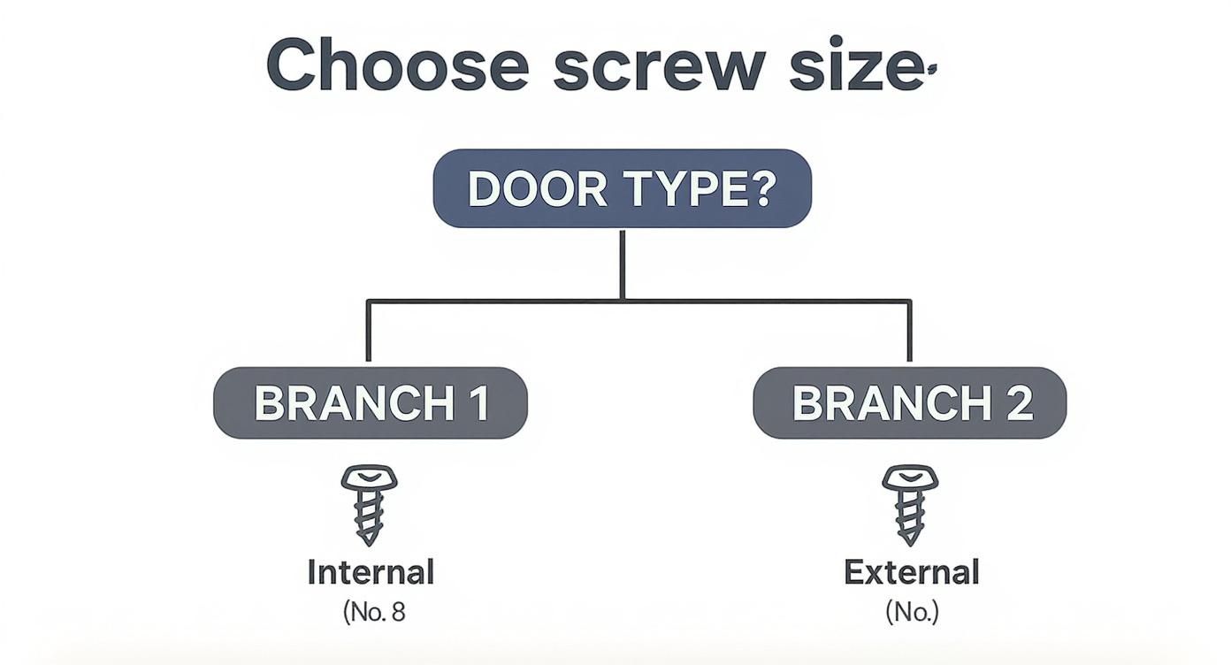 Infographic decision tree showing the choice between a No. 8 screw for internal doors and a No. 10 screw for external doors.