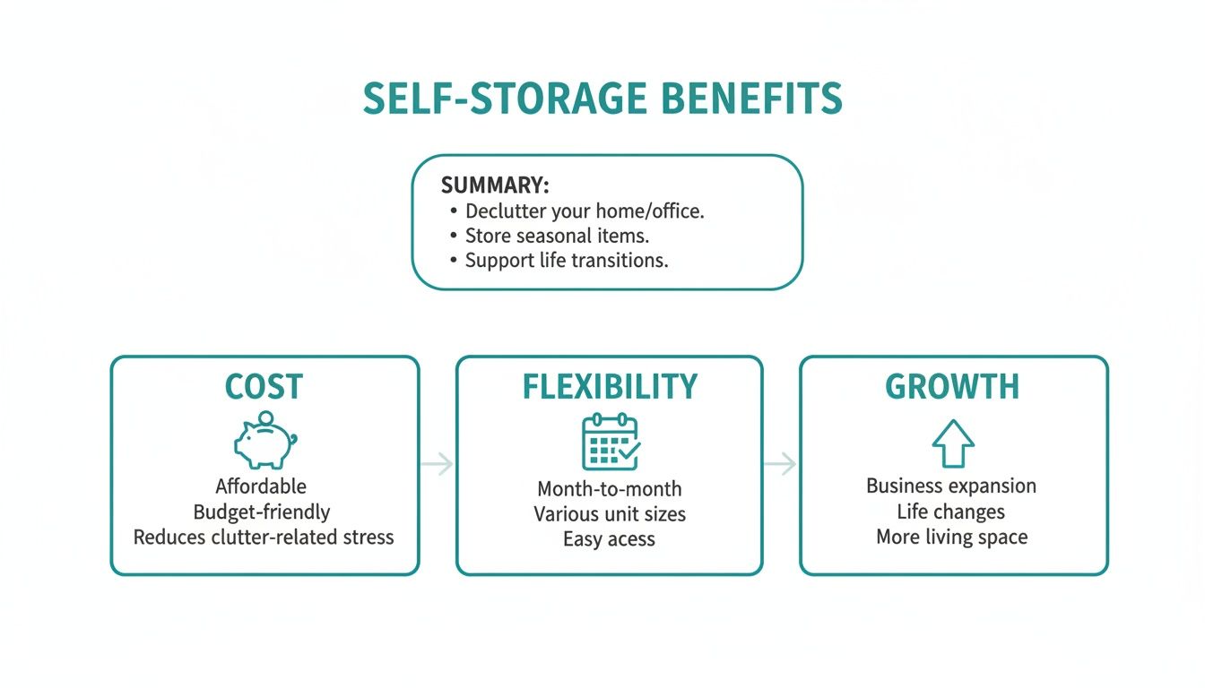 Infographic detailing self-storage benefits for home and business, including cost, flexibility, and growth.