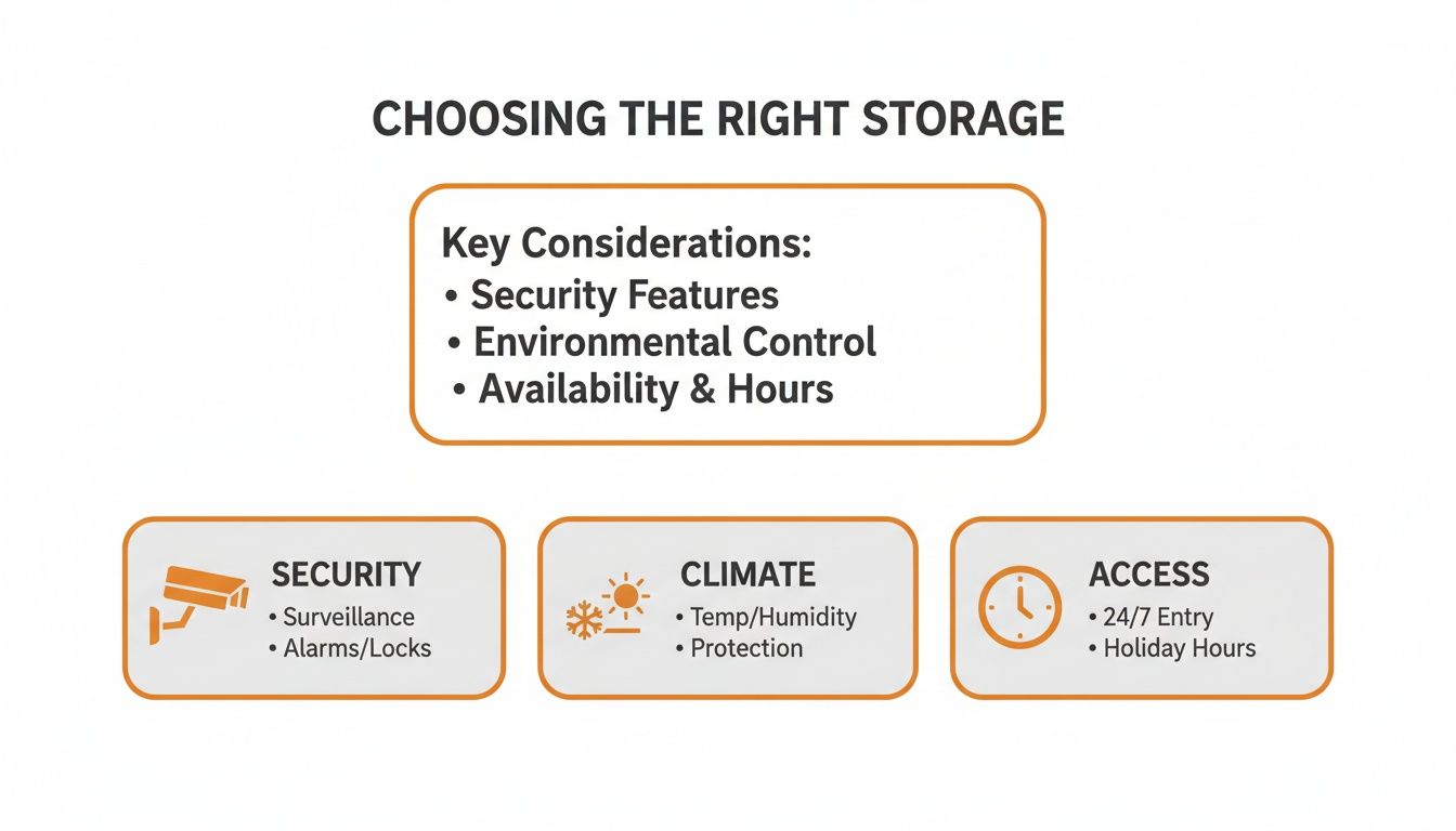 Infographic outlining key considerations for choosing the right storage: security, climate control, and access.