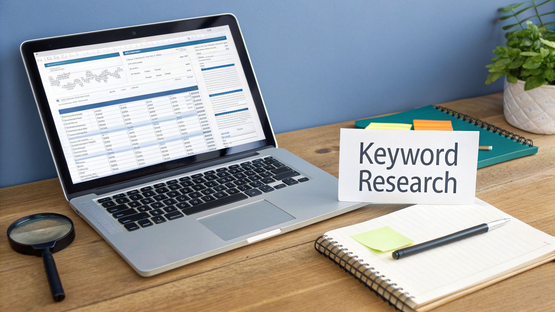 A desk setup with a laptop displaying data, a 'Keyword Research' sign, magnifying glass, and notebook for SEO.