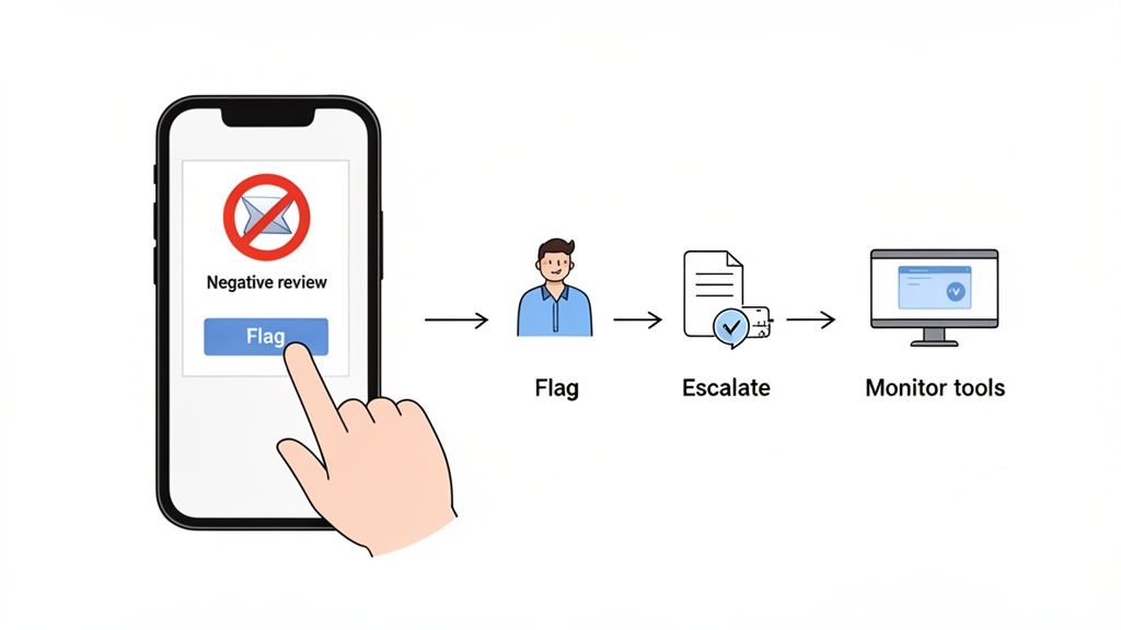 Diagram showing a user flagging a negative review on a phone, leading to escalation and monitoring.