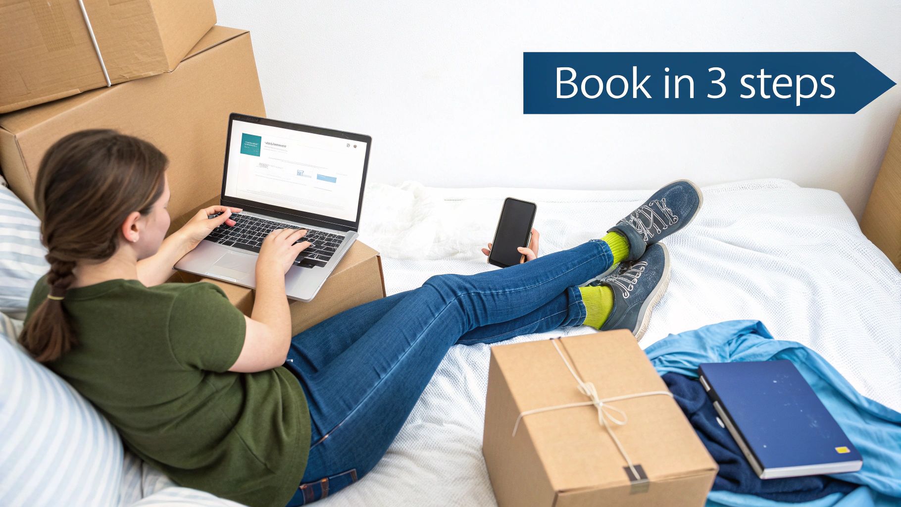 A student carefully packing books and personal items into a cardboard student storage box in their room.
