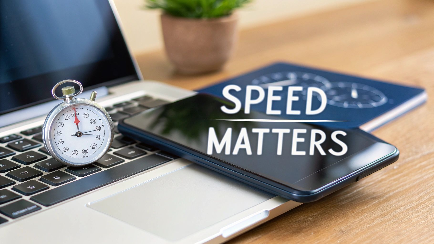 Stopwatch on laptop keyboard next to smartphone displaying speed matters text for website optimization