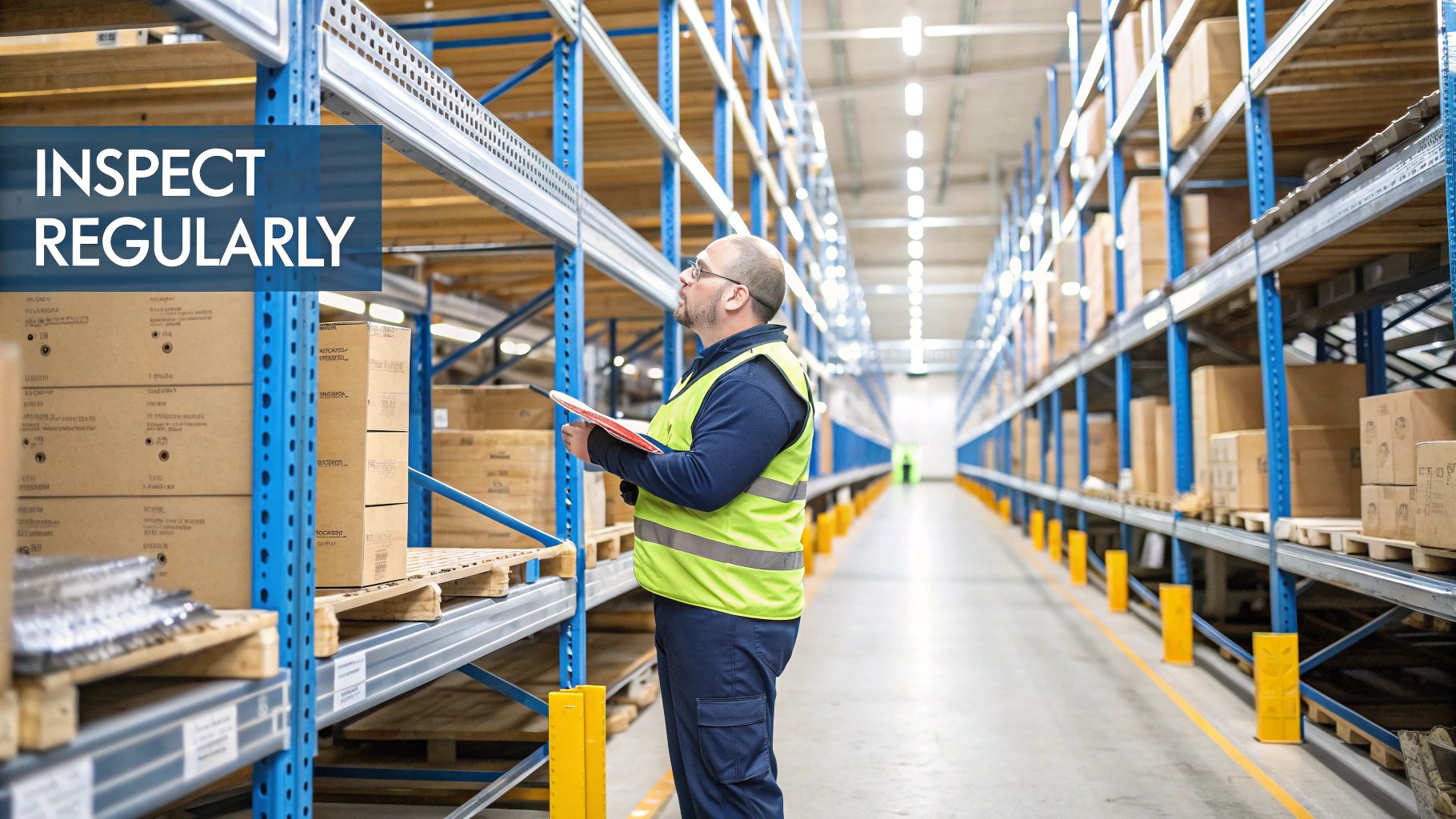 A professional inspector wearing a high-visibility vest and hard hat carefully examines a warehouse racking upright for damage.