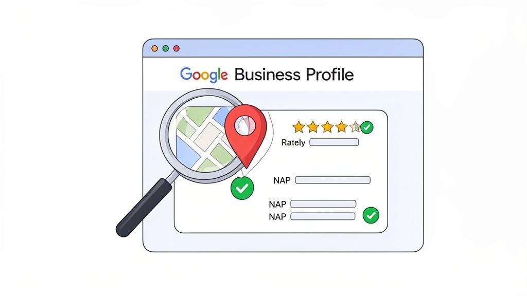 Illustration of a Google Business Profile interface showing a map, location pin, ratings, and NAP details with checkmarks, representing local SEO.