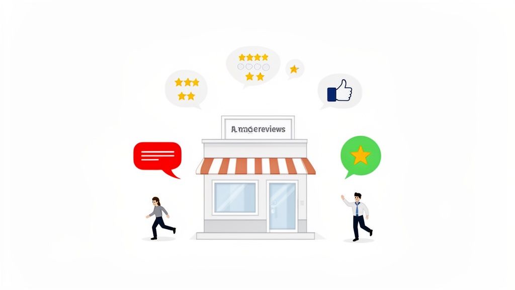 Illustration of a shop with an awning, receiving various online reviews, star ratings, and feedback from customers.
