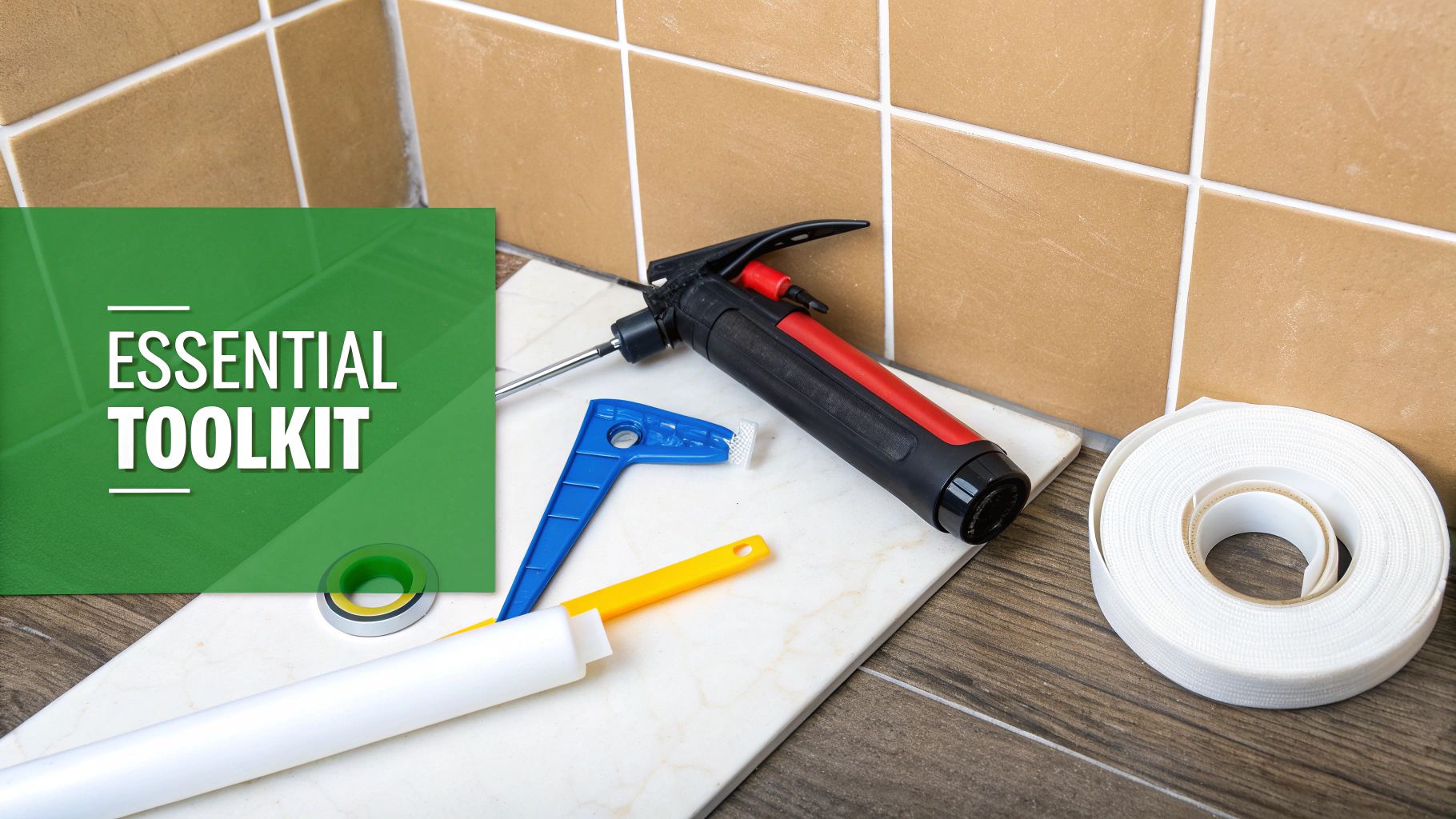 Essential toolkit for resealing a bathroom, displaying a caulk gun, sealant, and various tools.