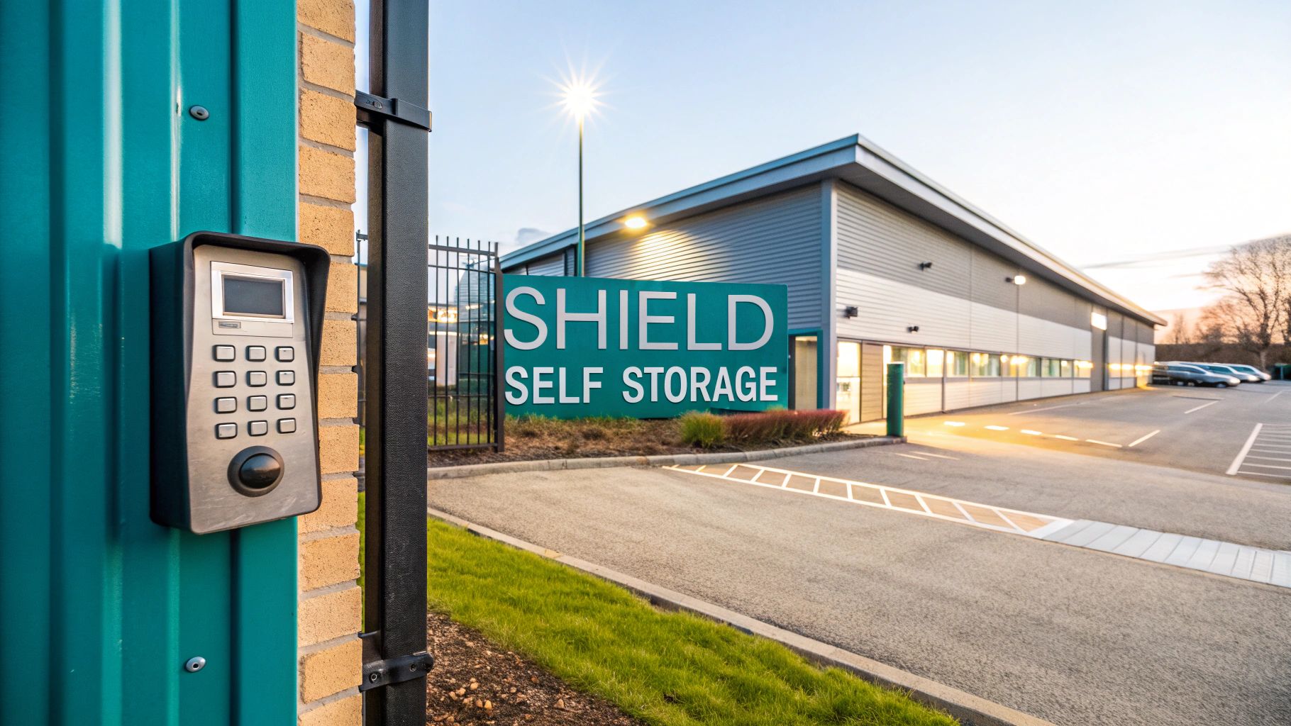 Exterior of a modern Shield Self Storage facility with keypad access and ample parking space.