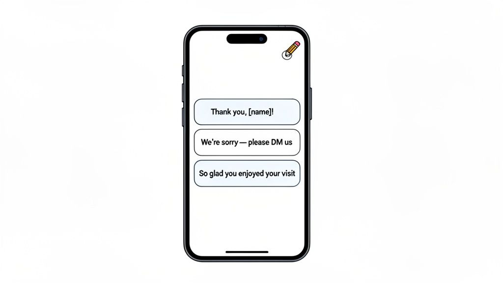 A smartphone displays three pre-written message options for responding to reviews or customer queries.