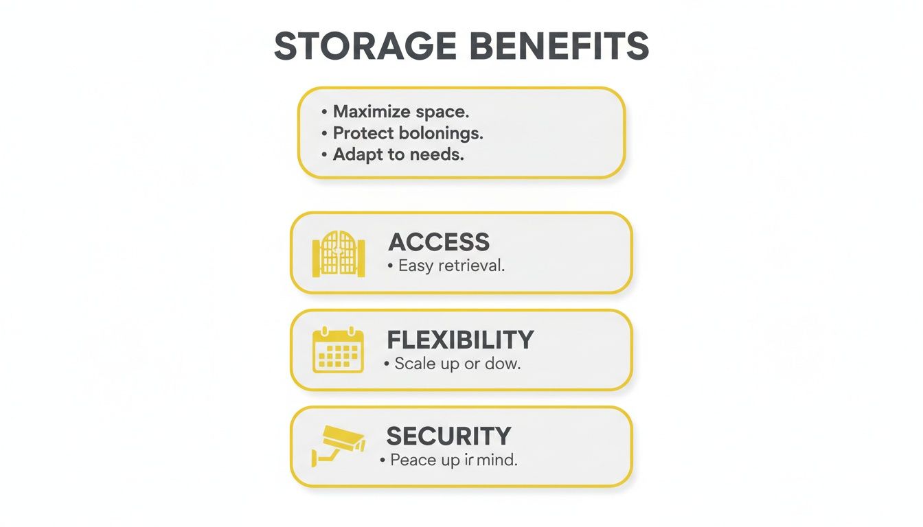 Infographic outlining storage benefits, including maximizing space, easy access, flexibility, and security features.