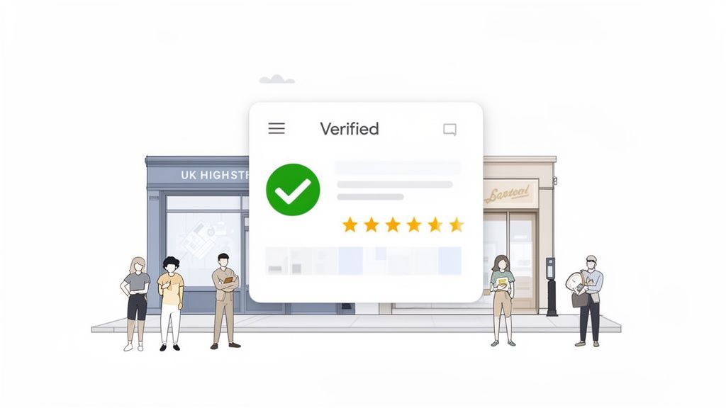 Digital illustration showing people outside shops with a 'Verified' pop-up, green checkmark, and five-star reviews.